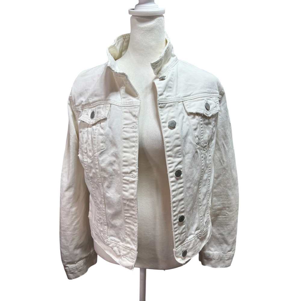 J Brand Womens White Distressed Denim Jacket Frayed Raw Hem Size M #896